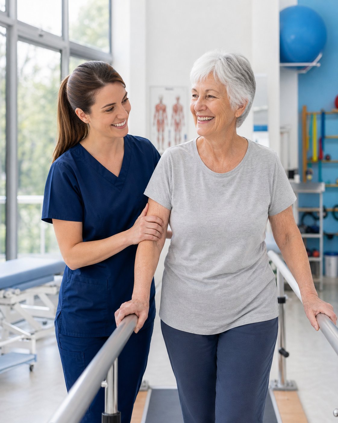 Physiotherapist assisting a senior patient with walking exercises